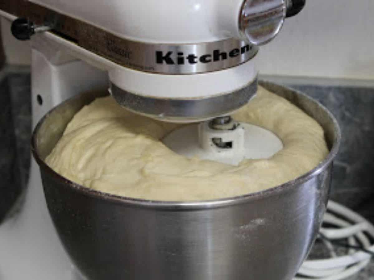 bread dough rising in mixing bowl