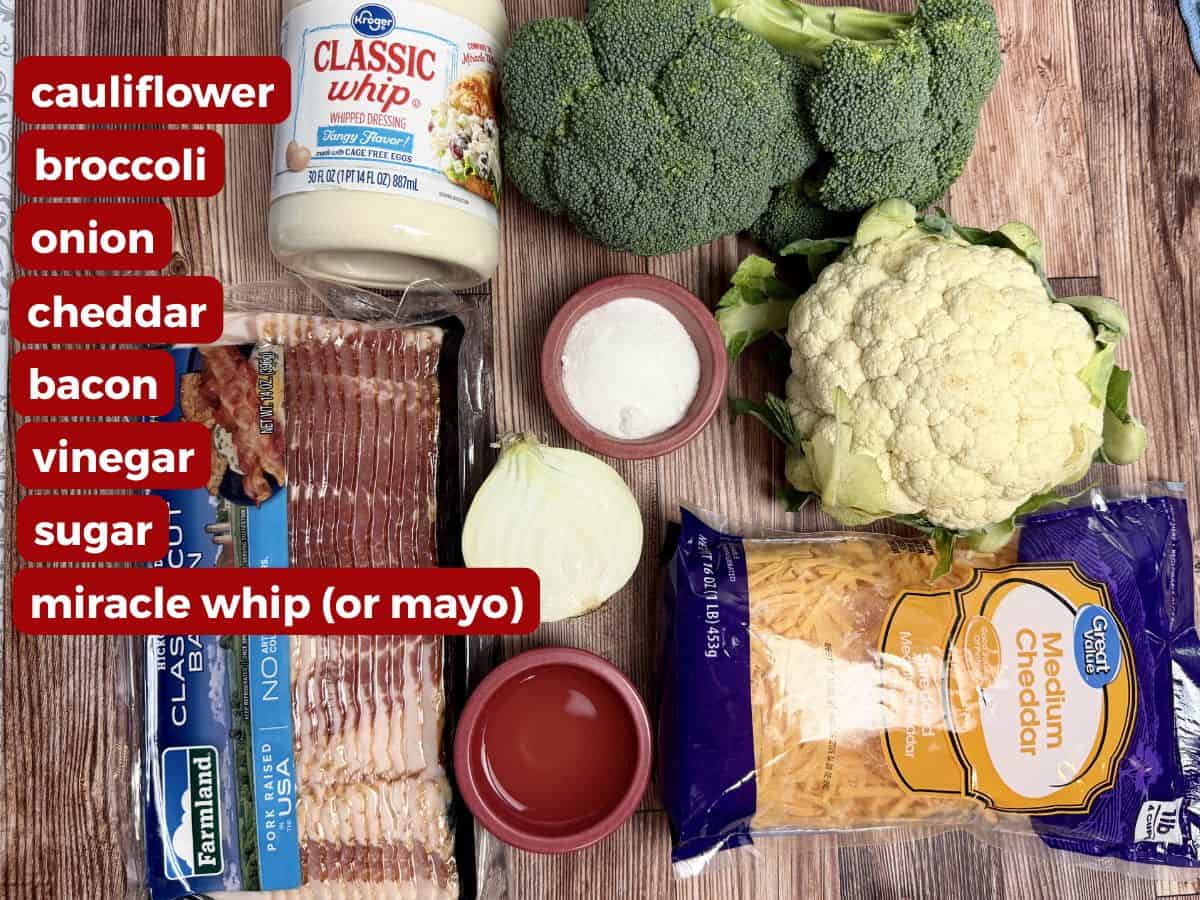 ingredients for broccoli cauliflower salad.