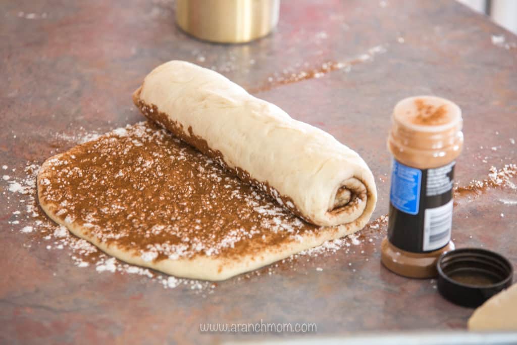 cinnamon bread dough sprinkled with cinnamon and sugar, halfway rolled up open counter