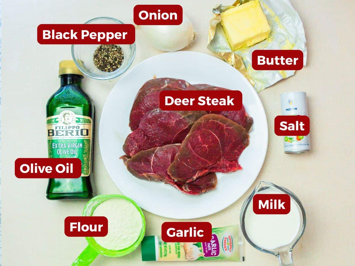 Labeled ingredients for oven deer steaks recipe.