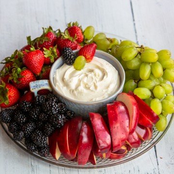 platter of fruit with fruit dip