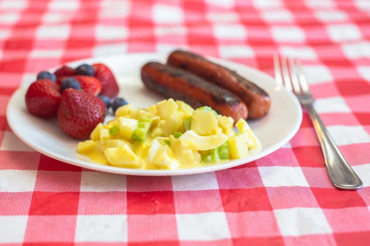 Potato salad, fruit, and hotdogs on a plate on a picnic tablecloth