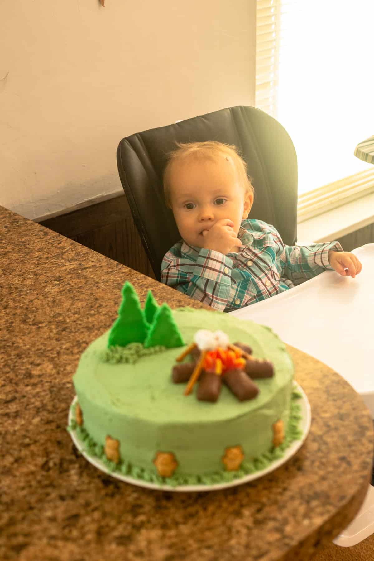 camping birthday cake next to small boy