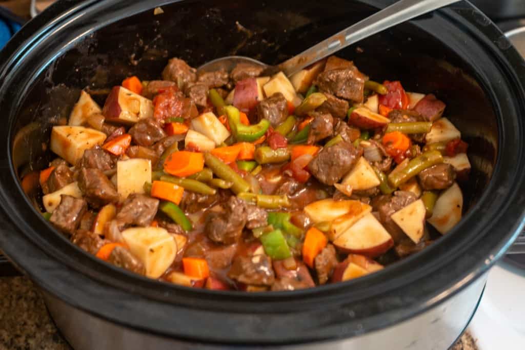 elk stew ready to cook in crockpot