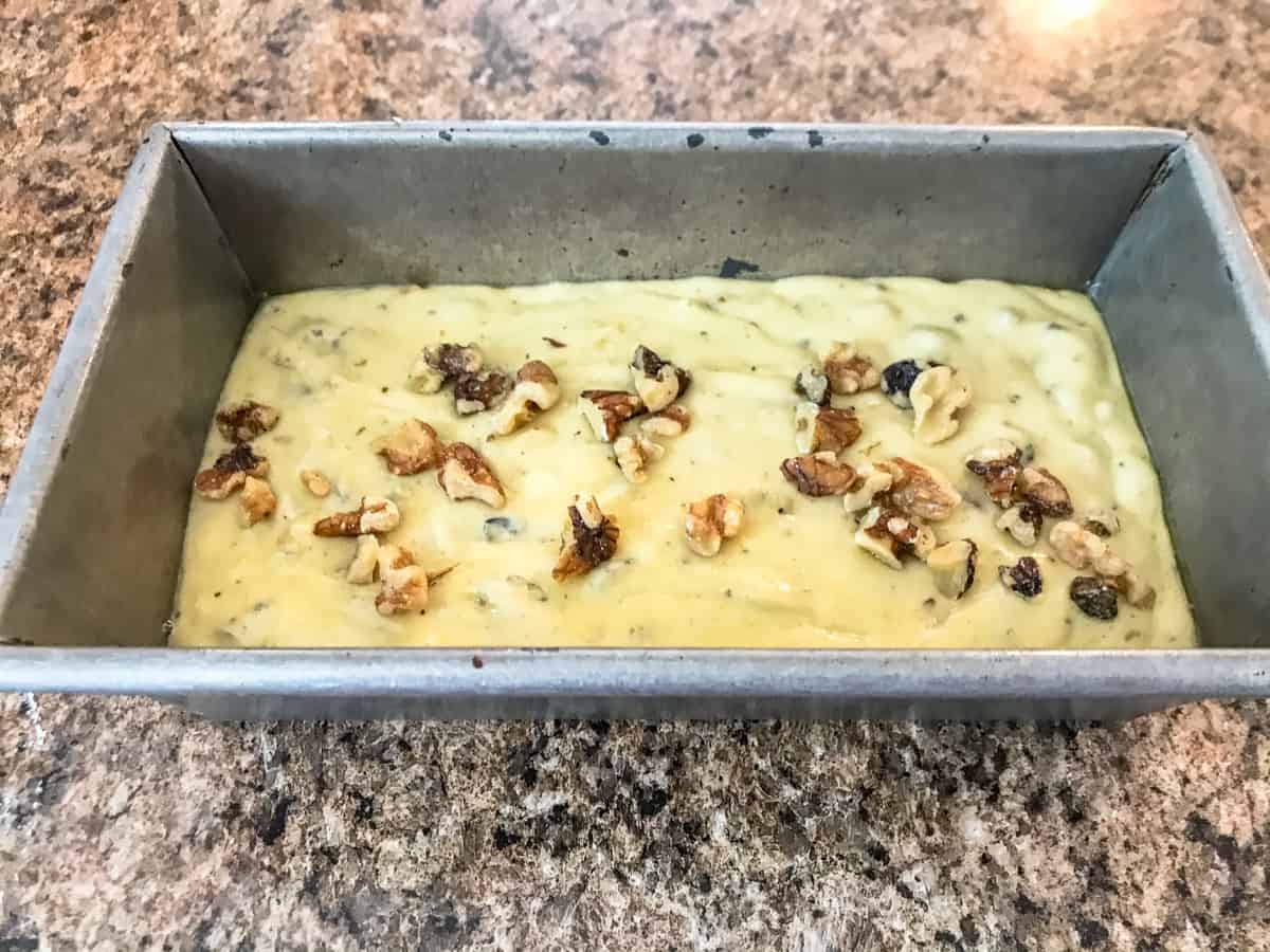 df banana bread batter in bread pan