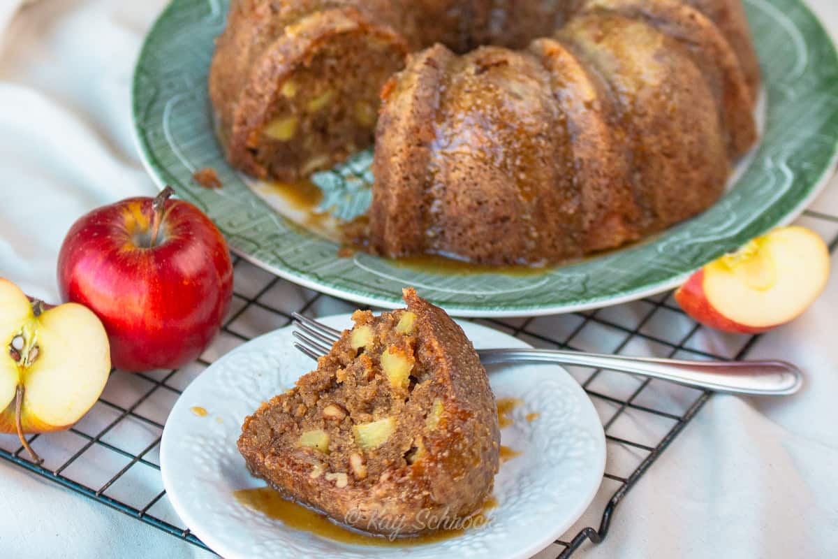 thick slice of Apple Cake with Caramel Sauce