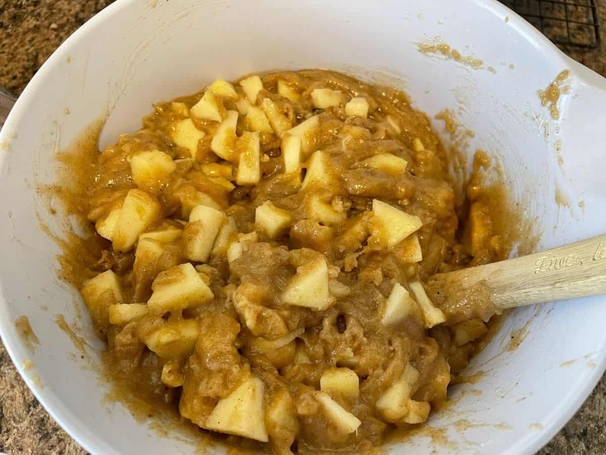 Caramel apple cake batter, ready for pan