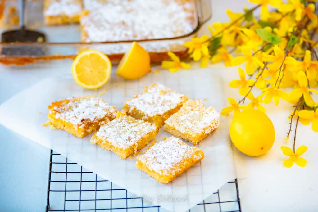 old fashioned lemon bars cut into squares with lemons