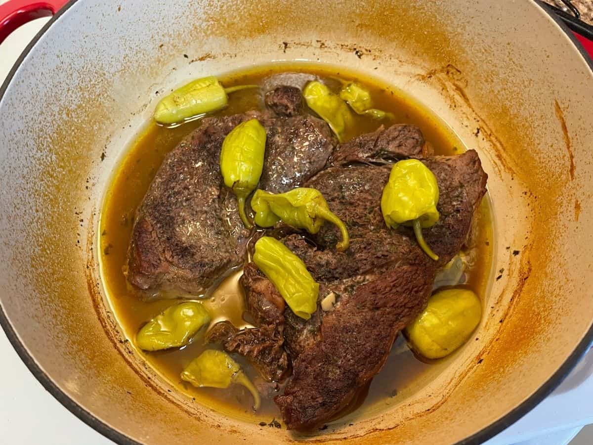 braised venison Mississippi roast in dutch oven 