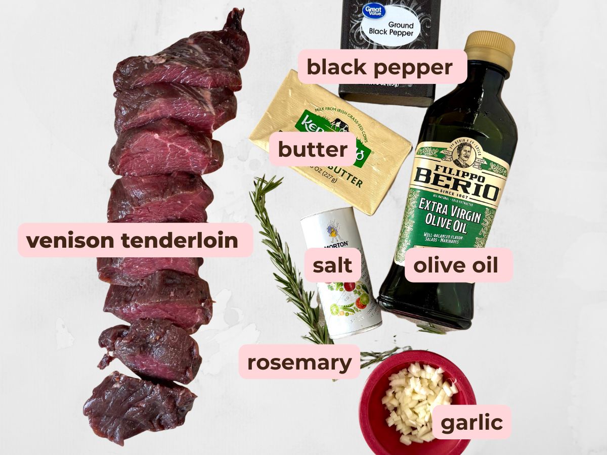 labeled ingredient image for venison tenderloin recipe.