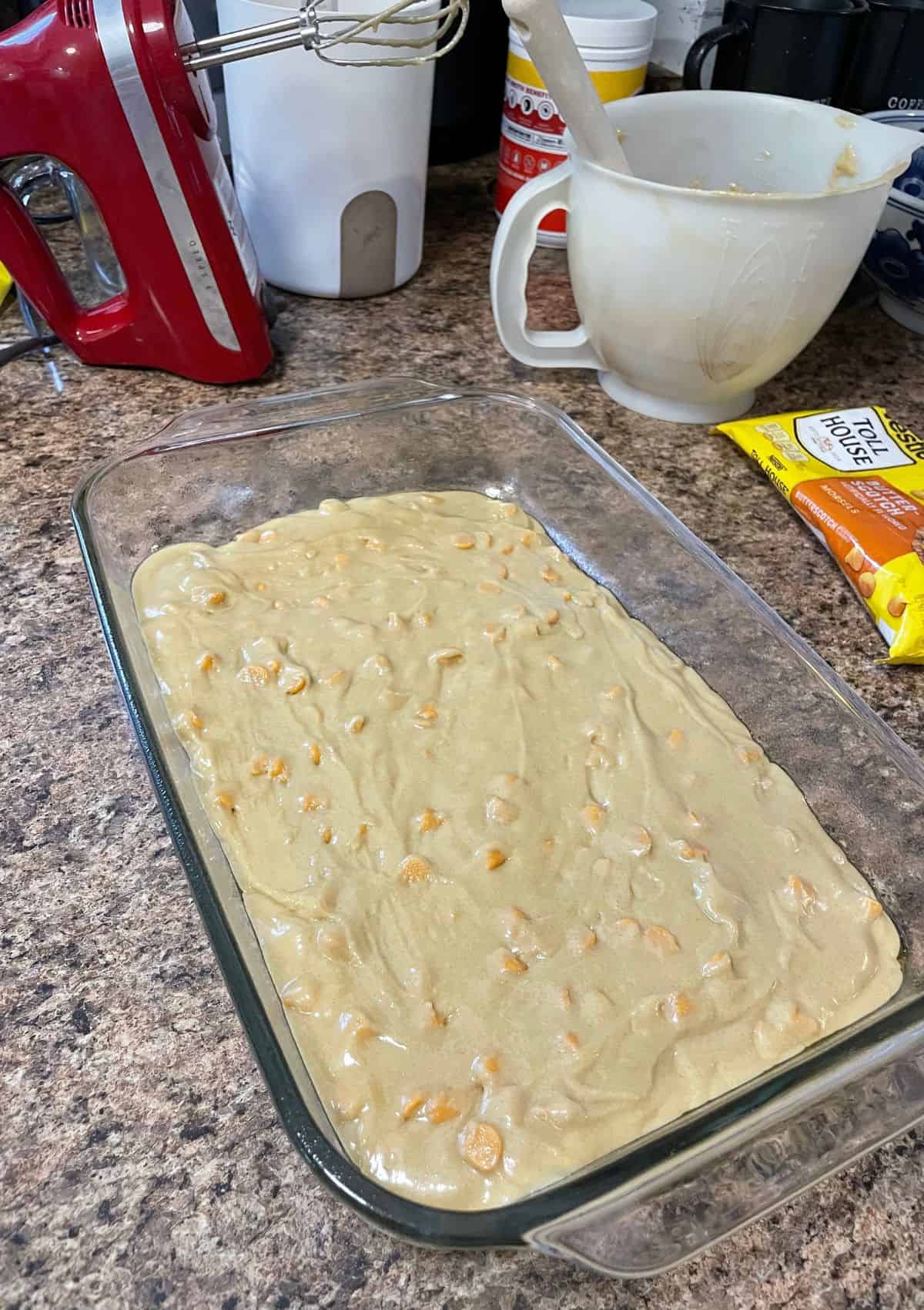 raw butterscotch bars batter in pan