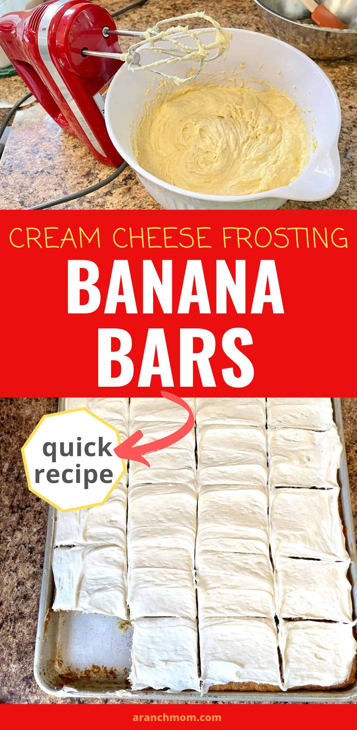 banana bars in a sheet pan, pinterest image