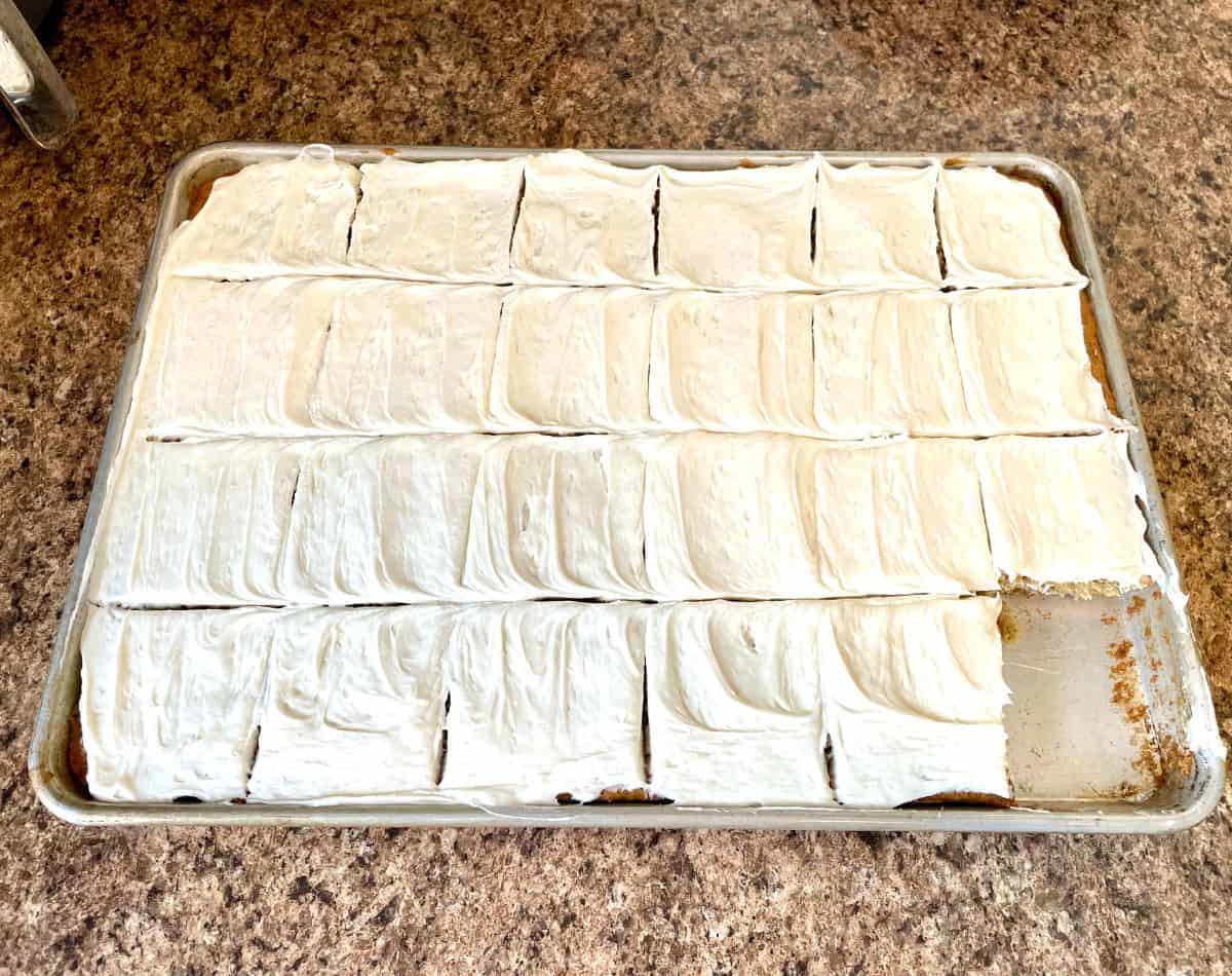 Banana Bars with cream cheese frosting in pan