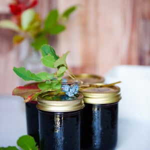 Oregon grape jelly in jars with leaves and berries