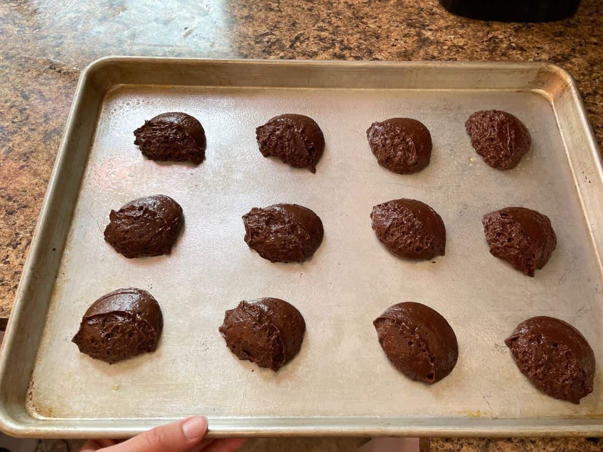 whoopie pies on baking sheet ready to go into oven