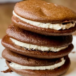 chocolate sandwich cookies in a stack of three