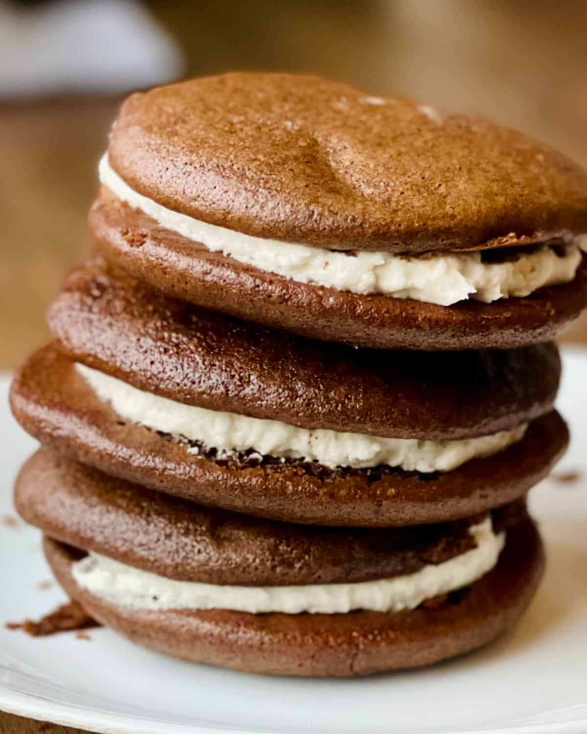 chocolate sandwich cookies in a stack of three
